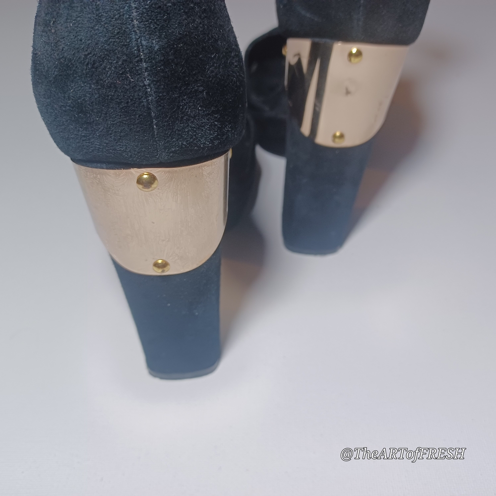 Black Suede Block Heels with Gold Accents - Picture 9 of 16